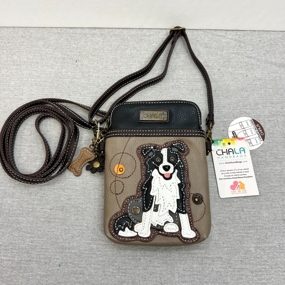 Chala Cell Phone Crossbody Bag Coin Purse Border Collie Bone Keychain NWT